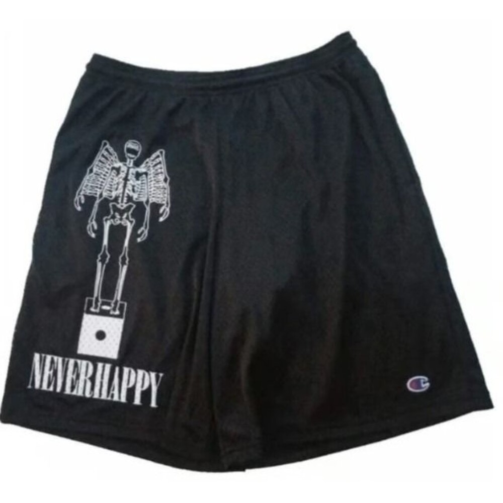 Neverhappy die shorts size medium black mesh screen print graphic